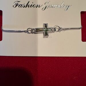 Silver and Green Cross Bracelet